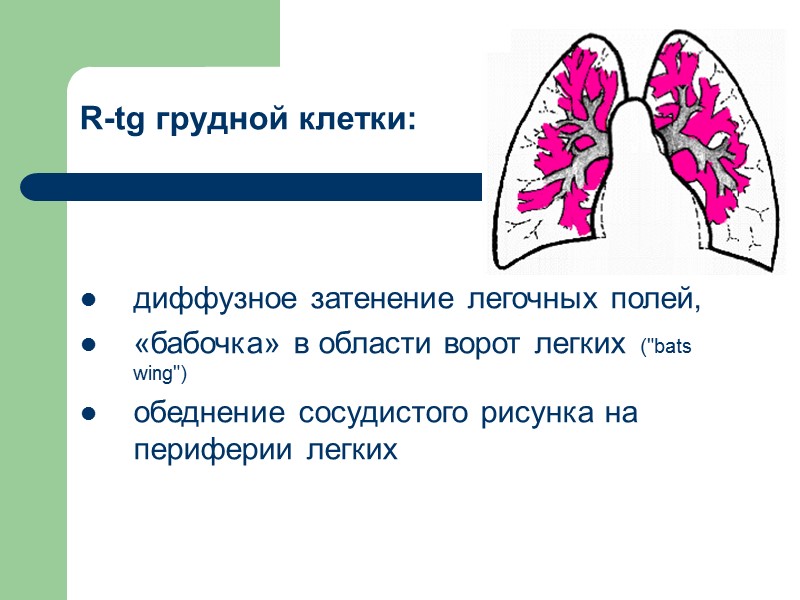 R-tg грудной клетки:  диффузное затенение легочных полей,  «бабочка» в области ворот легких